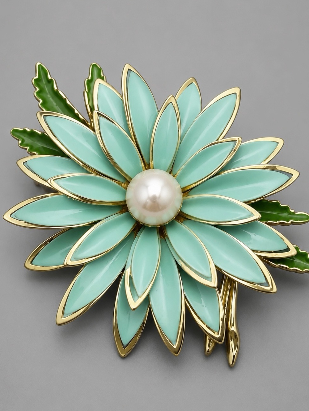 Vintage Mint Enamel Flower Brooch with Pearl Center #cz171